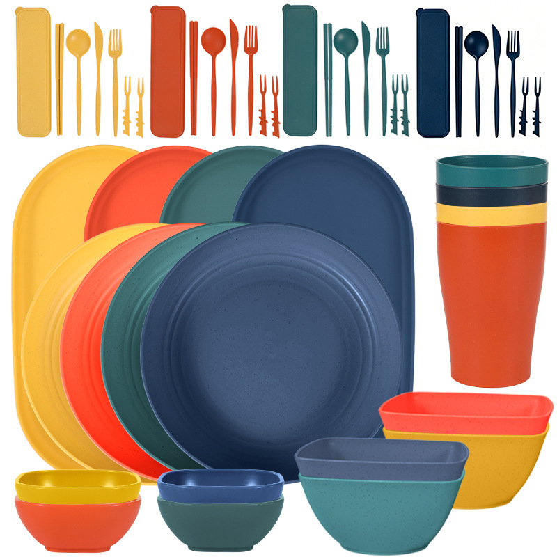 Cross-border wheat straw bowls, plates, cups, and cutlery set, oval dinner plate, square soup bowl, sauce dish, knife, fork, spoon, and chopsticks Cross-border wheat straw bowls, plates, cups, and cutlery set, oval dinner plate, square soup bowl, sauce dish, knife, fork, spoon, and chopsticks