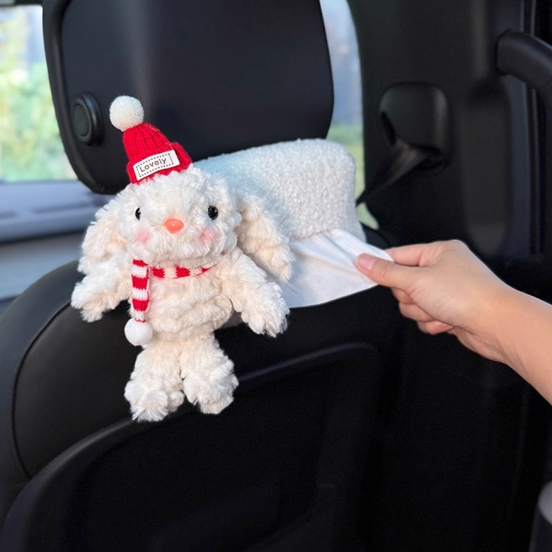 Caja de pañuelos de papel de dibujo de coche de conejo creativo almacenamiento en coche colgante 2025 nuevo sentido muñeca de coche señoras
