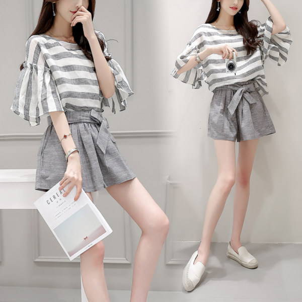 小清新气质名媛时尚套装女2021夏季宽松洋气条纹阔腿短裤两件套潮