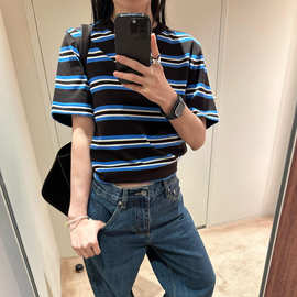 C家标准版型圆领T恤棕色条纹短袖26夏通勤正肩宽松女T 1325526009