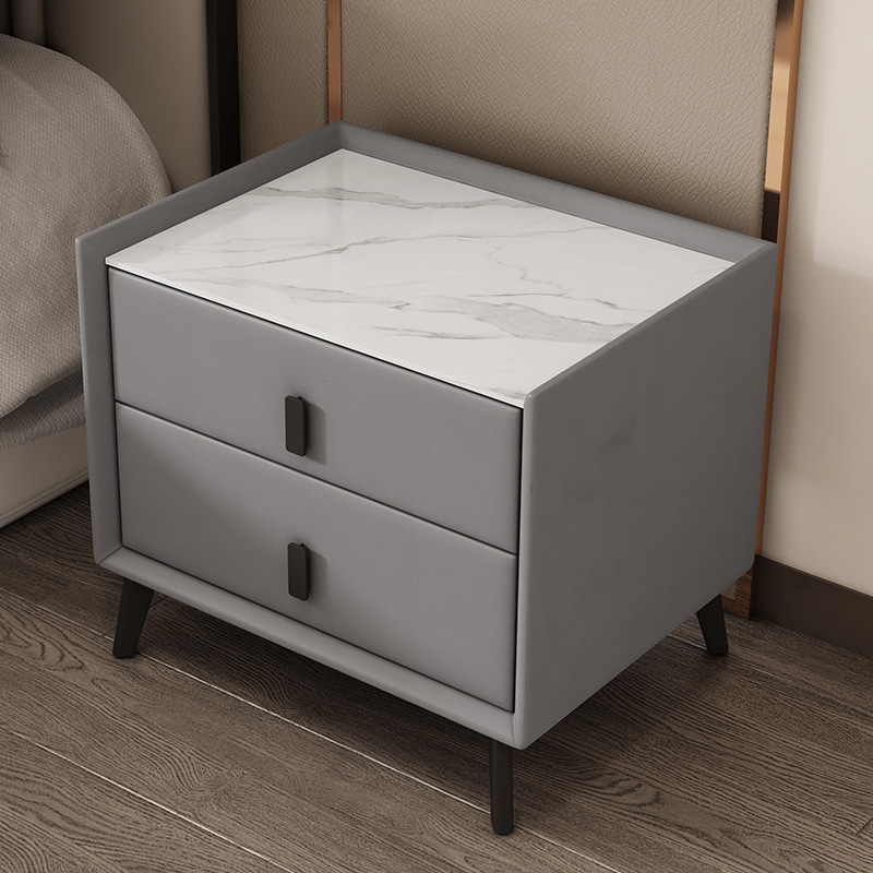 Slate Bedside Table, High-End, Modern and Simple, All Solid Wood, Light Luxury Bedroom, Leather Storage Bedside Table, Storage Cabinet
