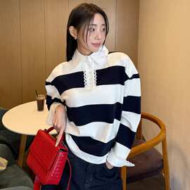 有货 甜美半开襟花边衬衣领拼接宽条纹休闲长袖中长款T恤上衣女