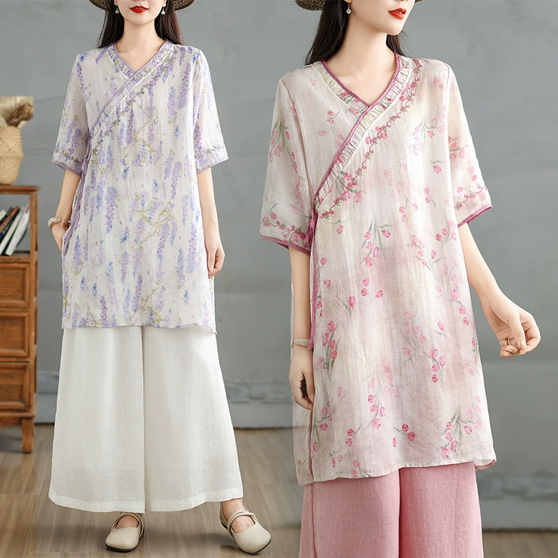 2025 новый летний стиль ретро этнический стиль улучшенная одежда для чая в стиле дзен литературная вышивка рубашка миди с v-образным вырезом топ