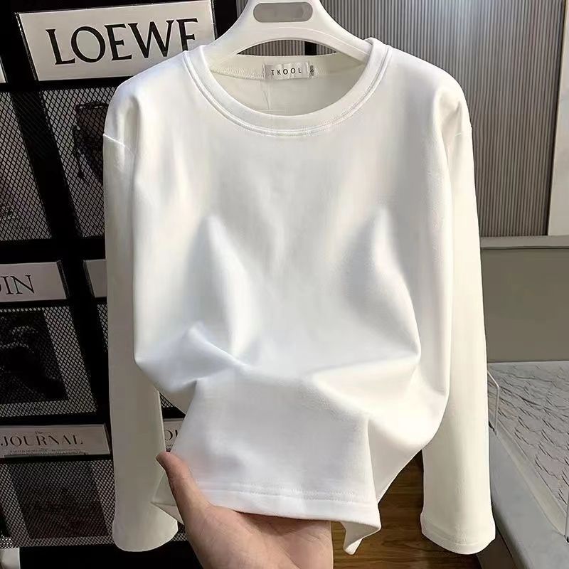 白色磨毛圆领打底衫女秋冬2025新款内搭显瘦加绒保暖长袖T恤上衣|undefined