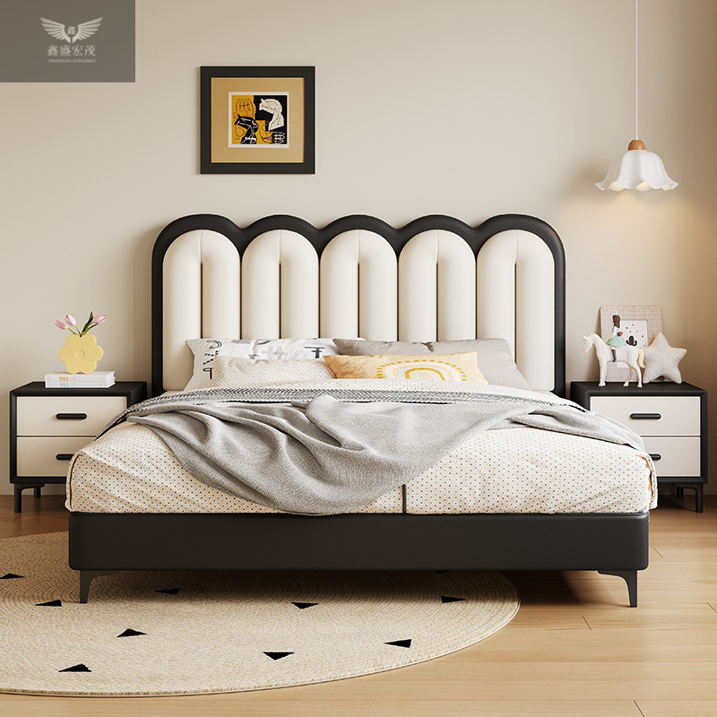 Retro estilo francés cama de cuero ecológico para el dormitorio principal y secundario paquete blando para dos personas cama de cuero para niños
