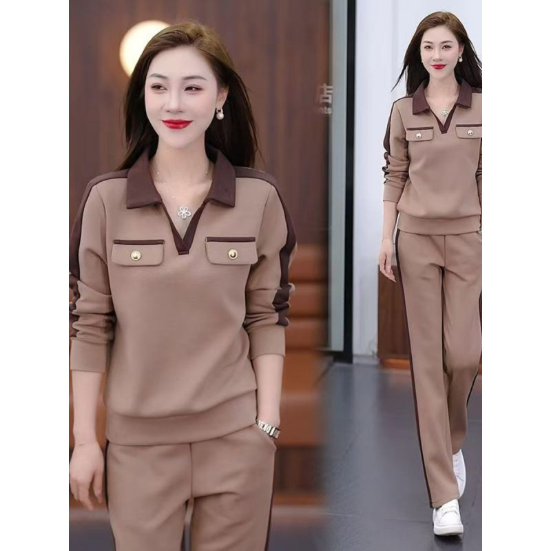 Women's Casual Suit Set, 2026 Autumn New Style, Stylish and Chic, V-neck, Slimming, Long-sleeved, Wide-leg Pants, Sporty Two-Piece Set