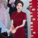 wine red Chinese Modified Acetic Acid Cheongsam Spring and Summer New Mother Wedding Banquet Cheongsam Dress Mid-length Elegant