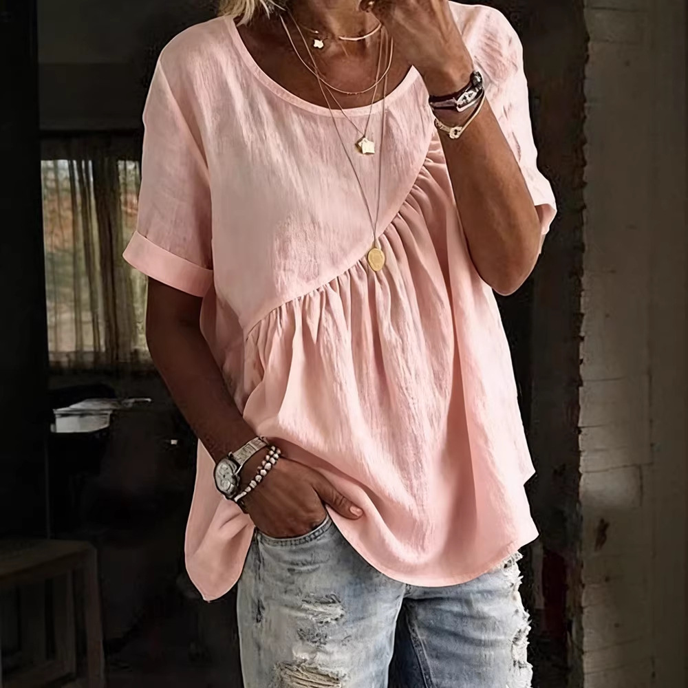 Women's Solid Color Ruffle Detail Short Sleeve T-Shirt round Neck Blouse Casual Outfit with Shirring_ecoleips.com