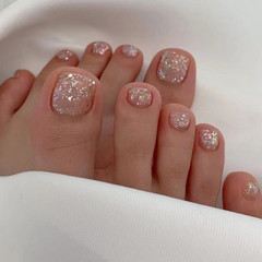 跨境24片米色閃粉穿戴美甲可拆卸腳趾甲腳指甲 Press on Toenails