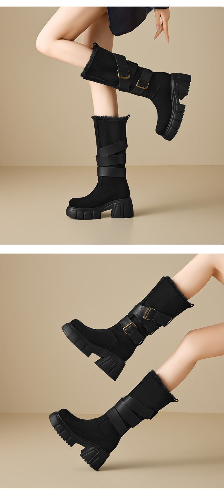 Boot nữ mùa đông kiểu Anh gót vuông 10cm khóa thắt lưng phong cách xe máy — nhung đen chi tiết 3