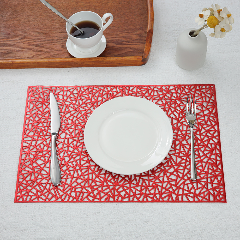 Geométrico hueco placemat multicolor dorado PVC Western placemat oro y plata decorativo posavasos antideslizante aislamiento estera lavable