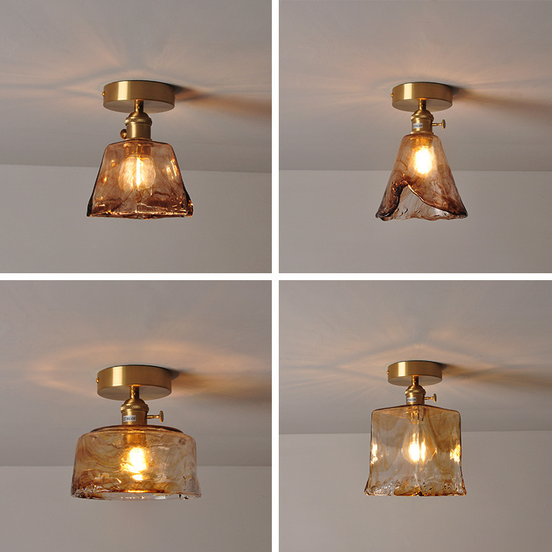 Vintage Brass Amber Glass Lamp Personalized Middle Ancient Homestay Bedroom Bedside Bay Window Bar Counter Entrance Hallway Ceiling Lamp