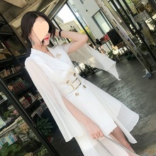 索白色雪纺斗篷披肩西装裙女春夏收腰潮晚礼服2024新款