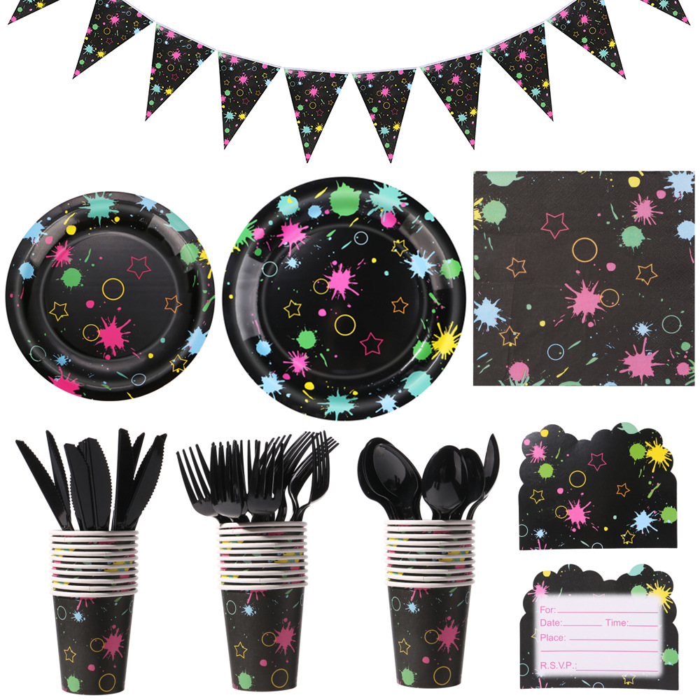 Temas de neón pintados de cumpleaños fluorescentes desechables cubiertos de fiesta tazas de papel toallas de papel bandejas de mesa pintura de color