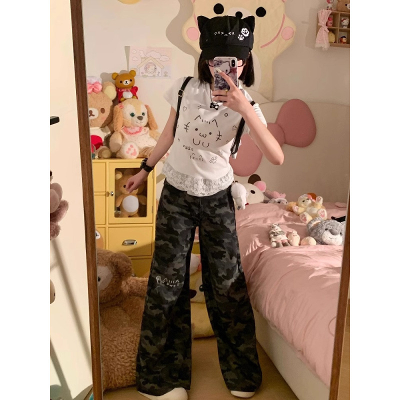 亚文化可爱猫咪蕾丝花边短袖T恤女夏季甜辣妹修身显瘦设计感上衣|undefined