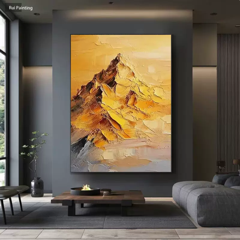 高级感纯手绘油画日照金山客厅玄关画大芬村油画简约现代立体