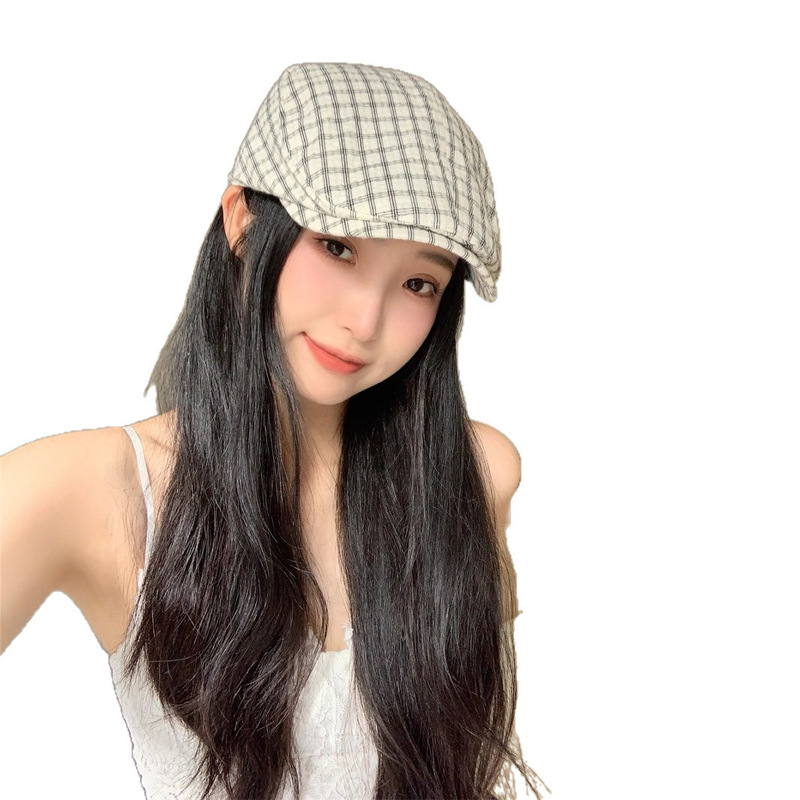 春先の新しいスタイルのチェック柄レトロスタイルフォワードハット女性用和風インスイート多用途ファッションリバースベレー帽トレンド|undefined