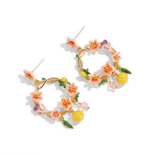原创设计时尚气质珐琅彩釉橙色花朵柠檬水果流苏坠圆形耳环女饰品