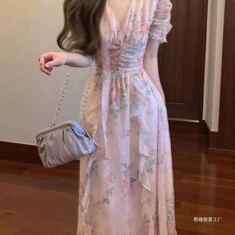 Французское нежно-розовое платье с рюшами и воротником-лентой, пышными рукавами, женское летнее нишевое платье с завышенной талией, красивая длинная юбка