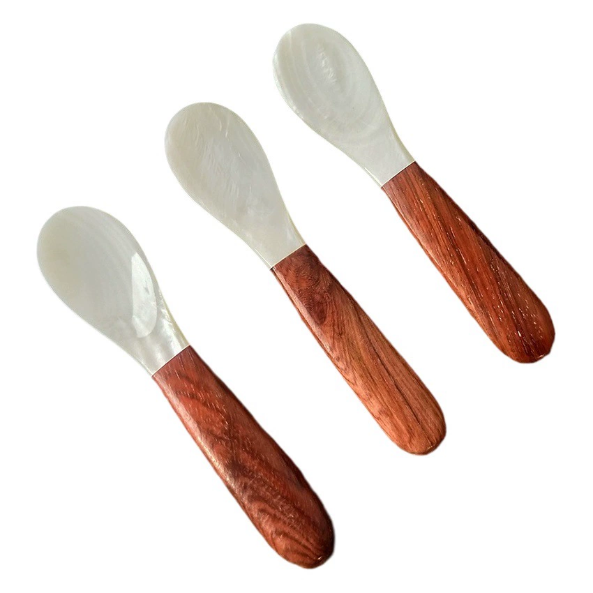Белое море моллюсков ложка натуральный жемчуг морской рябчик маленькая ложка Икра деревянная ручка ложка ракушки
