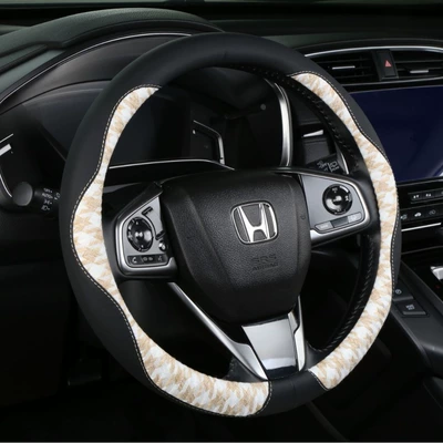 Customized Linen Sports-Style Houndstooth Steering wheel cover - yellow-and-white-38cm