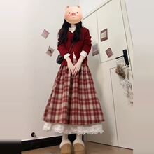 法式气质红色格子连衣裙女秋冬季2025新款小个子韩系穿搭长裙套装