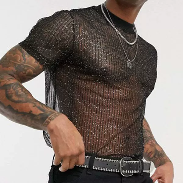 速卖通透视薄款时尚夜店派对打底衫欧美男装网纱性感男士T恤E772