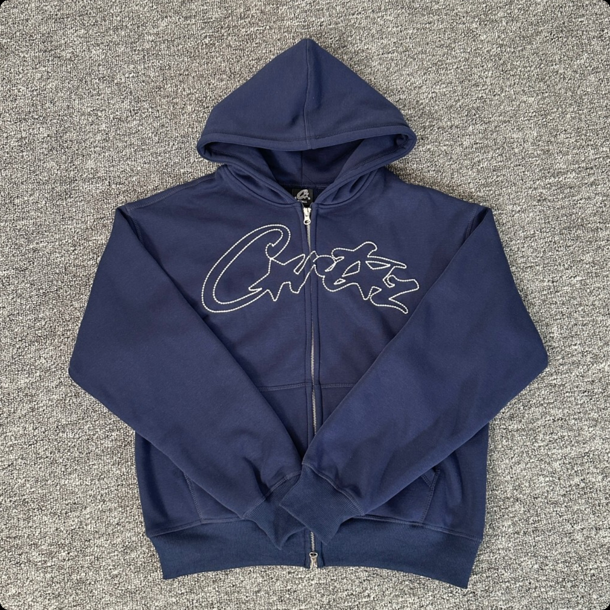 Corteiz Zip Sweater Embroidered Script Logo Navy