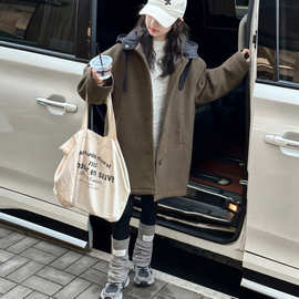 女童秋冬呢子外套2025新款大童冬季时尚保暖夹棉连帽呢大衣中长款