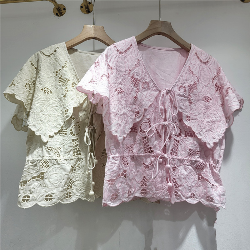 Dolce Jacquard hueco camisa de manga corta de cuello naval para mujeres 2026 nuevo verano coreano corta corta corta camisa