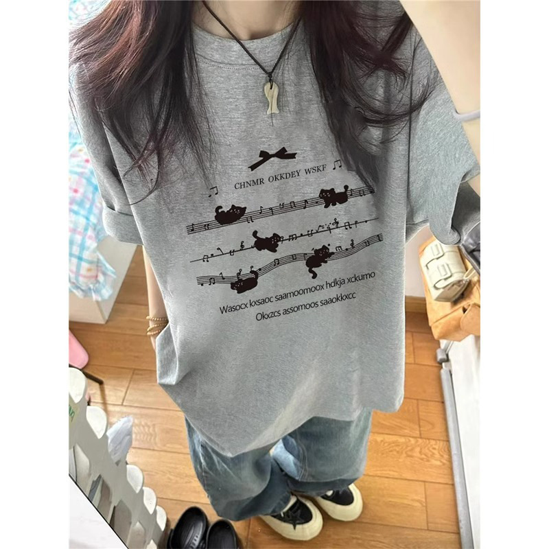 Pure Cotton American Style Retro Grey Shoulder Short Sleeve T-Shirt Women's 2025 New Explosions Design Sense Niche Loose Top Pure Cotton American Style Retro Grey Shoulder Short Sleeve T-Shirt Women's 2025 New Explosions Design Sense Niche Loose Top