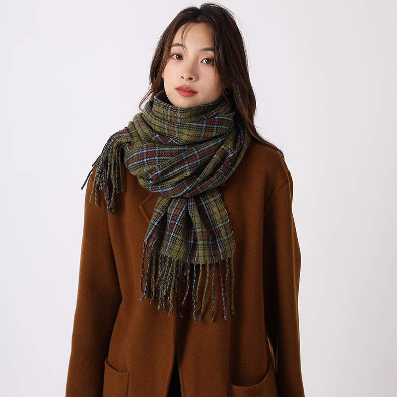 Sciarpa scozzese verde, versatile per le donne in autunno inverno, calore personalizzato di alta qualità, scialle e collo, nuovo stile coreano_voghion.com