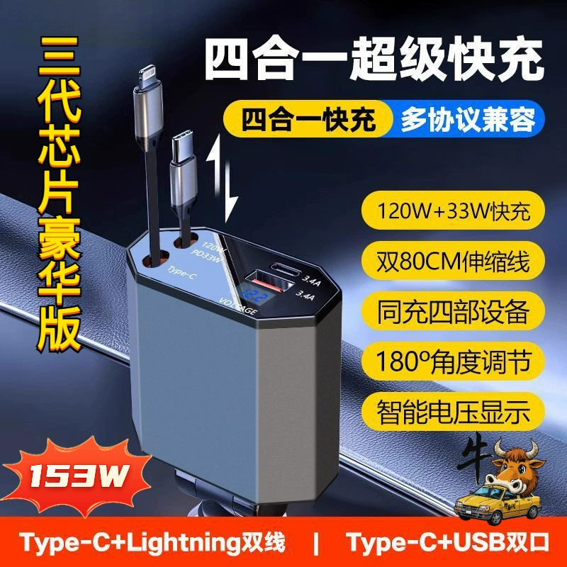 Новое автомобильное зарядное устройство «четыре в одном» мощностью 153 Вт поставляется с выдвижным кабелем, сверхбыстрой зарядкой и интеллектуальным адаптером для отображения напряжения.
