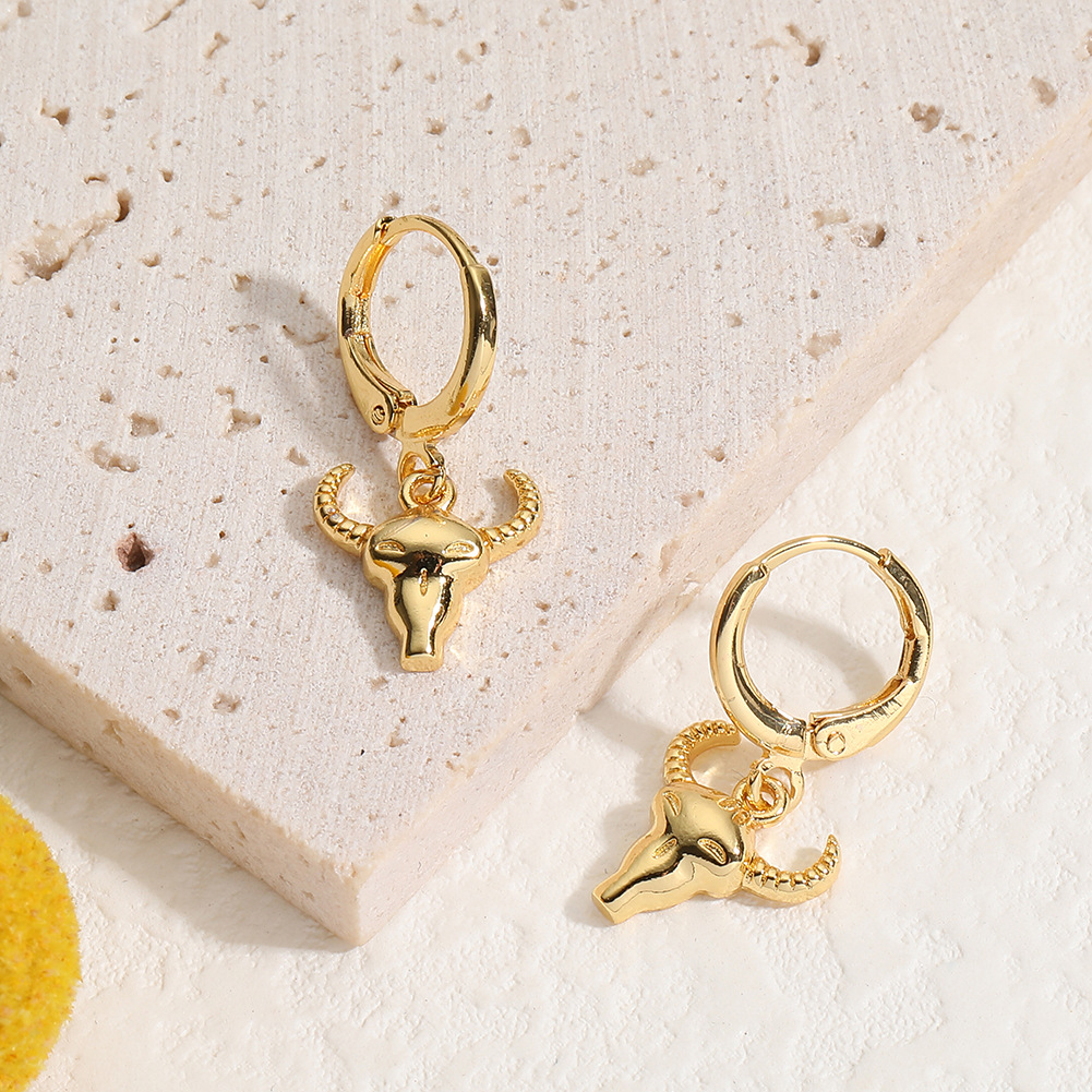 Hip-Hop Bull Head Copper Gold Plated Earrings 1 Pair