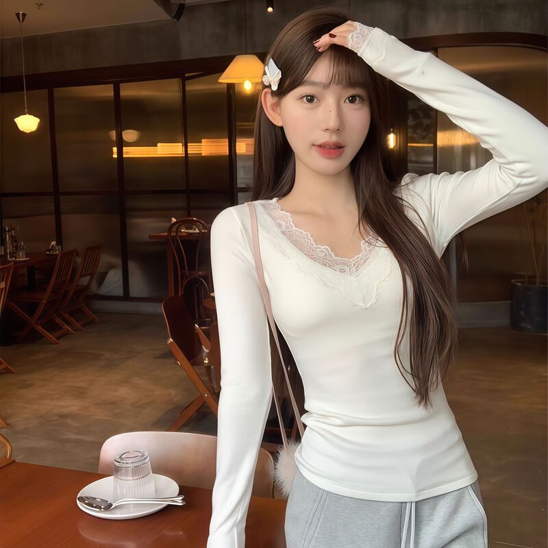 Korean Style Pure Desire V-Neck Design Long-Sleeve Top Autumn and Winter Ribbed Thermal Lace-Trimmed T-Shirt for Women Slim Fit Elegant Spicy Girl Style Korean Style Pure Desire V-Neck Design Long-Sleeve Top Autumn and Winter Ribbed Thermal Lace-Trimmed T-Shirt for Women Slim Fit Elegant Spicy Girl Style