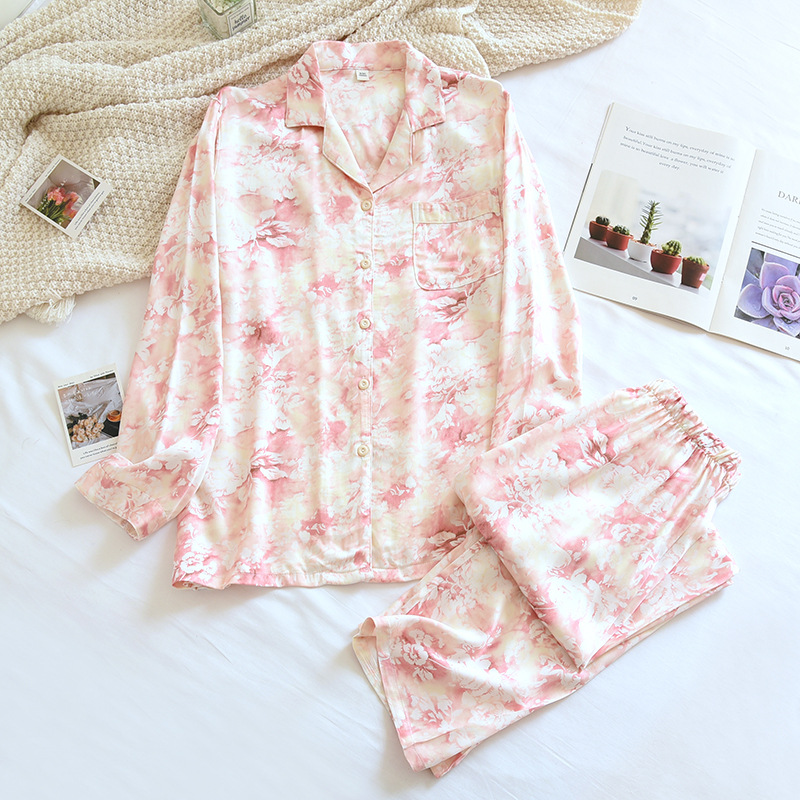 새틴 잉크 그림 여성 긴 세트 핑크