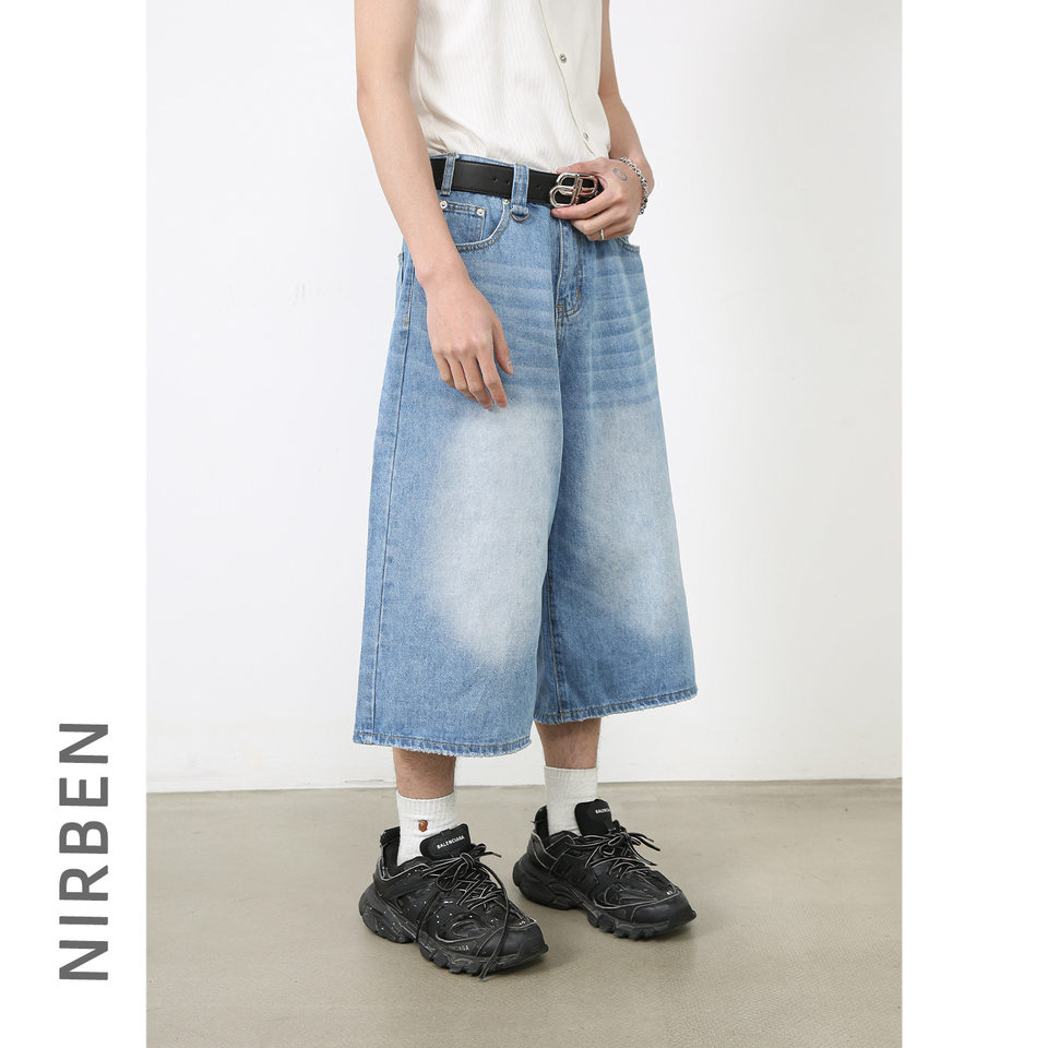 Quần short jean nữ ống rộng lửng cá tính phong cách đường phố — Làm cũ, Màu trắng, Rằn ri, Xanh lam cổ điển
