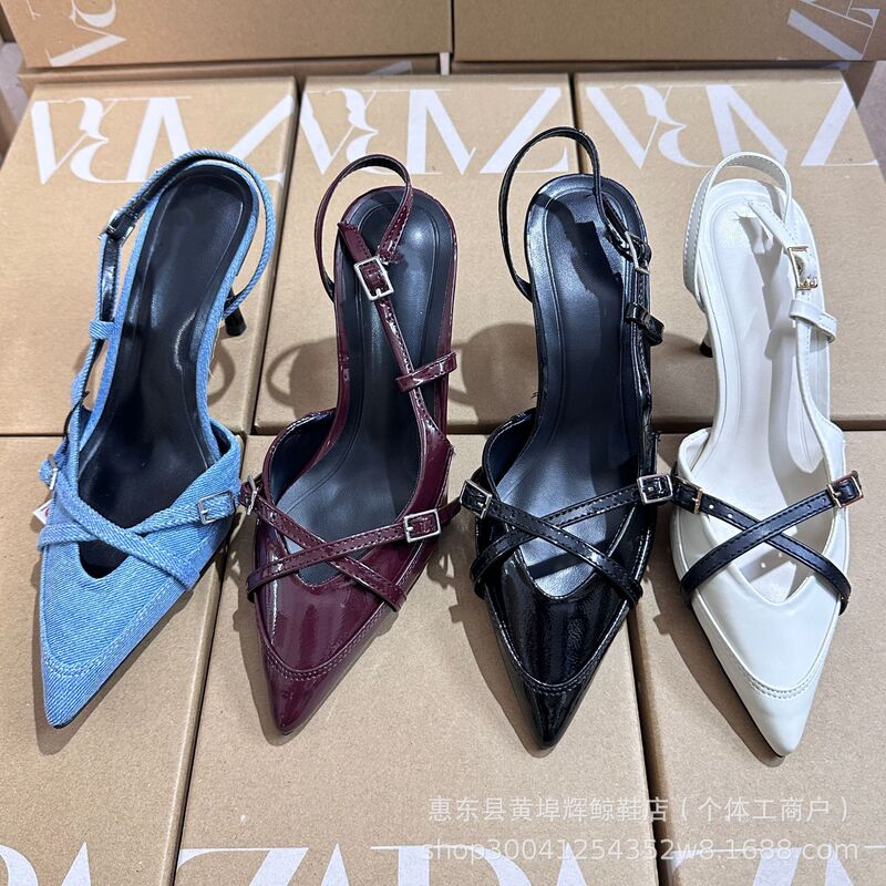 Za New 2024 Spring and Summer Denim Shallow Mouth Strap Hollow Toe Sexy Stiletto Fashion Sandals Mule Shoes