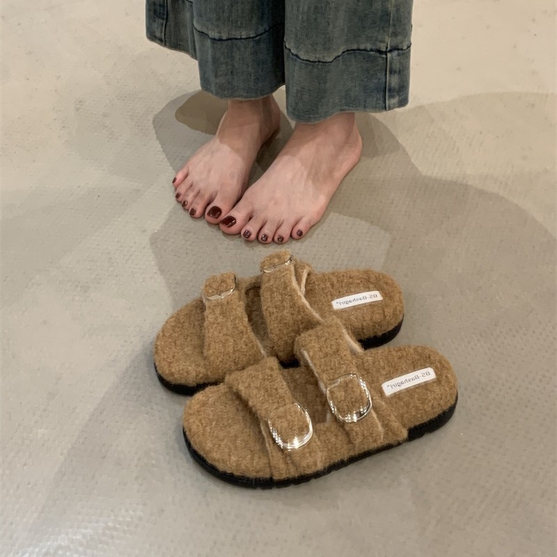 韩版勃肯毛毛拖鞋女外穿秋冬新款羊羔毛厚底一脚蹬懒人棉拖鞋子女|undefined