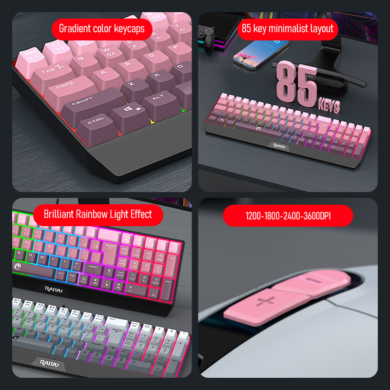 Set mouse e tastiera da gioco RAIKU T85 con illuminazione a tre colori sfumati, cablato e luminoso._voghion.com