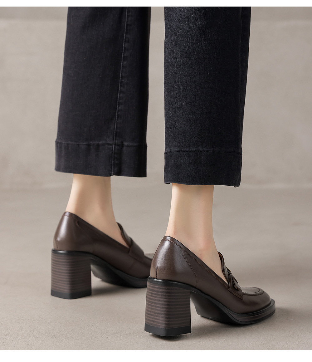 Giày loafer nữ cao gót phong cách Anh quốc vintage, da bò thật gót vuông — màu nâu chi tiết 19
