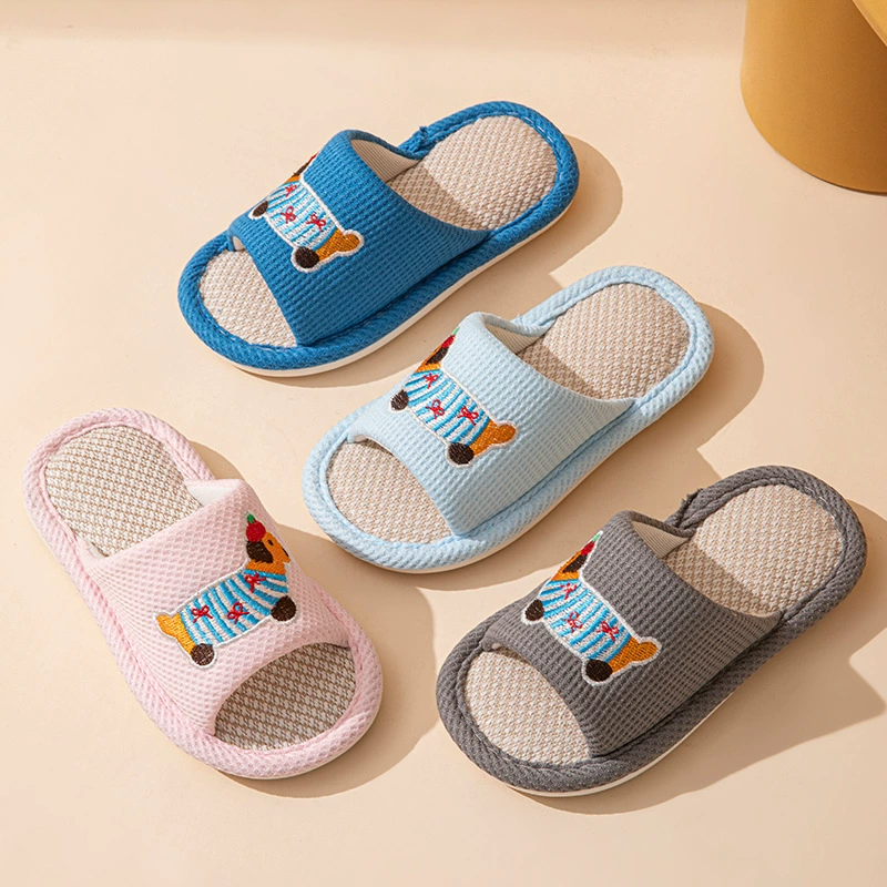 Детские мужские и женские льняные домашние тапочки с открытым носком для домашнего использования на деревянном полу, четырехсезонные льняные тапочки из ПВХ