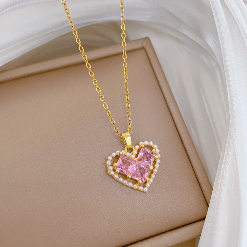 Wunderschöne Perlenherz Halskette Mit Diamanten Edelstahl Kette_voghion.com