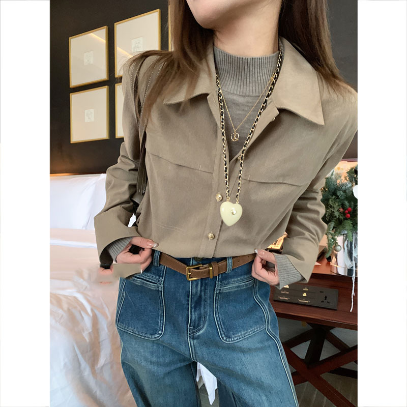 MENGXIANG-작은 올매치 따뜻하고 게으른 코듀로이 레트로 미니멀리스트 셔츠 여자 겨울 탑