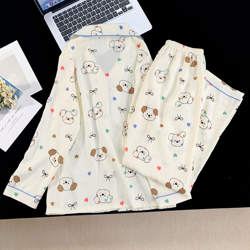 Primavera y otoño pijamas de mujeres pantalones de manga larga nubes de algodón cardigan con solapa dulce dos piezas de dibujos animados lindo ropa para el hogar