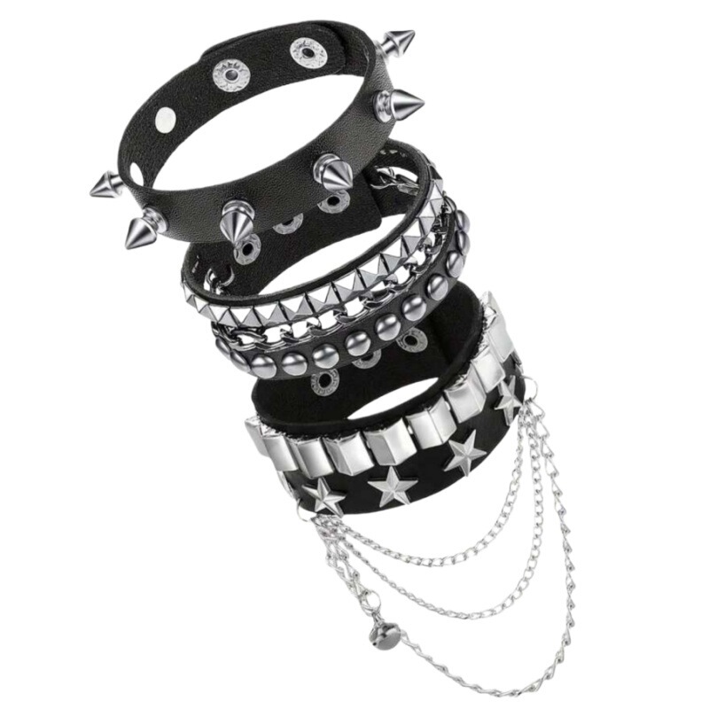 Cross-Border Hot Selling Motorcycle Punk Leather Rivet Bracelet Personalized Chain Hip-Hop Bracelet Wrist Strap Accessories Cross-Border Hot Selling Motorcycle Punk Leather Rivet Bracelet Personalized Chain Hip-Hop Bracelet Wrist Strap Accessories