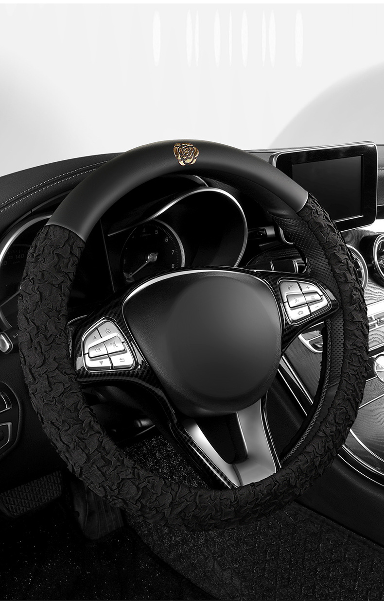 New All-Season Camellia Car Steering Wheel Cover, Delicate, Breathable and Wear-Resistant Pebbled Leather Soft Handle Cover
