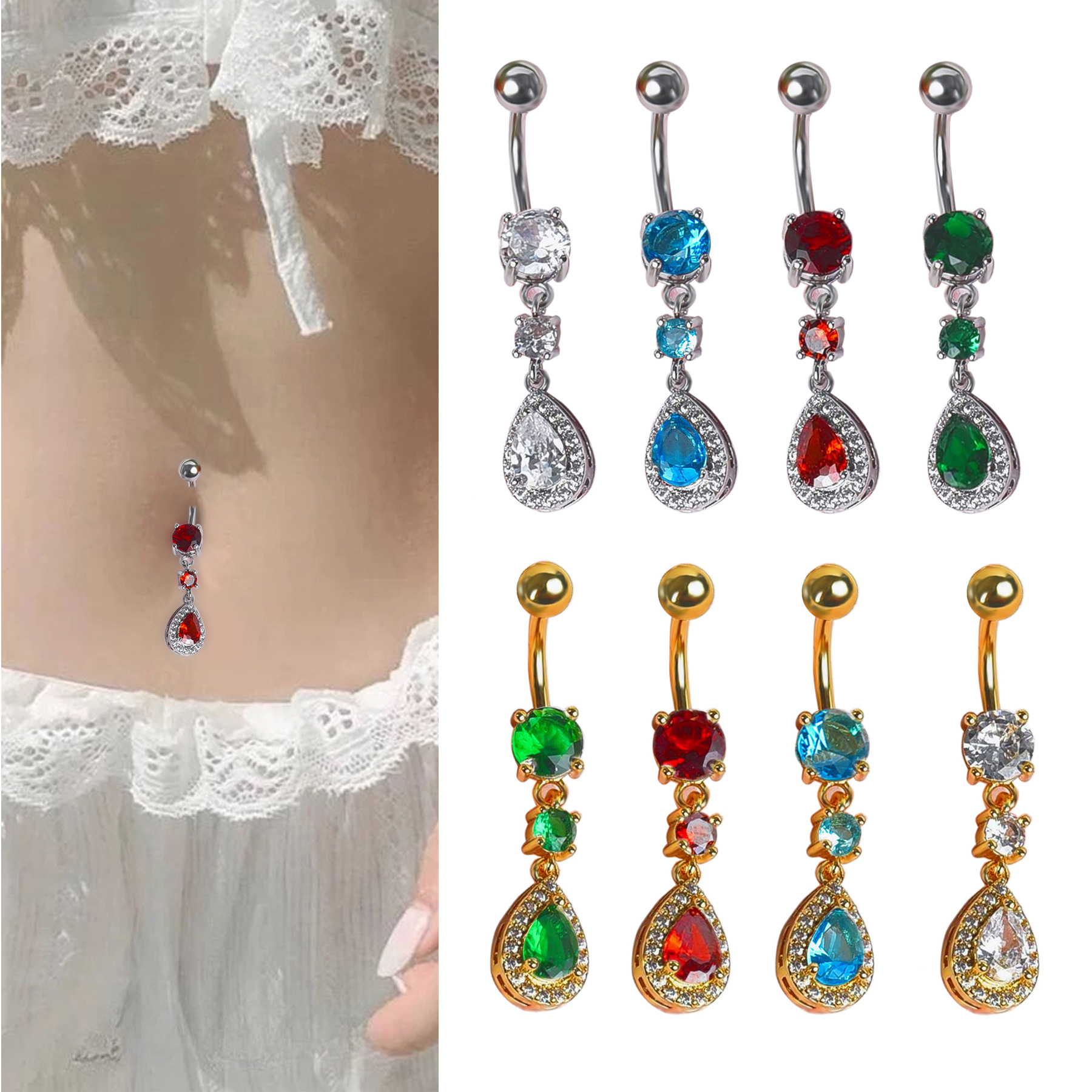 Piercing all'ombelico con goccia d'acqua in zircone europeo e americano, selezione premium disponibile in magazzino_voghion.com