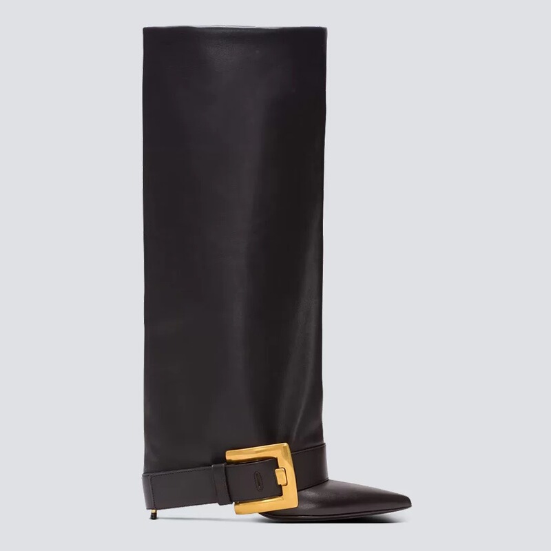 2026 European and American New Style Thin High-Heeled Pointed Toe Metal Buckle Wide-Leg Boot with Large Calf Circumference, Large Size Long Women's Boots for Export 2026 European and American New Style Thin High-Heeled Pointed Toe Metal Buckle Wide-Leg Boot with Large Calf Circumference, Large Size Long Women's Boots for Export