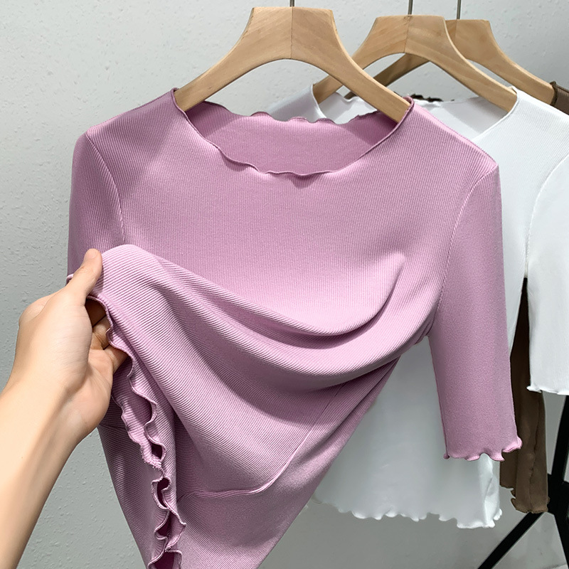 Camisa de fondo de manga media para mujer 2022 nueva camiseta de cuello redondo modal para mujer que reduce la edad en la oreja de madera interior superior de color sólido image 11